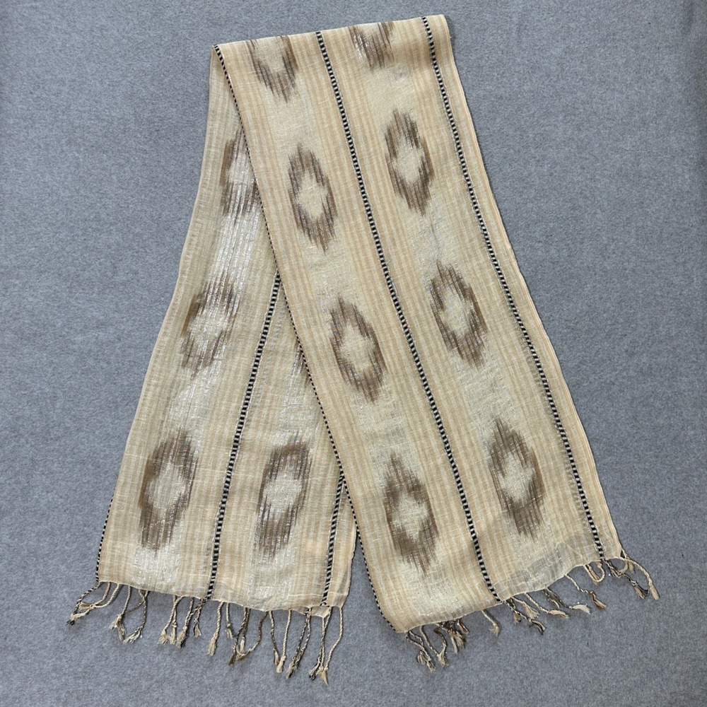 Musgo Linen Metallic Ikat Scarf Beige Brown Silver Shimmer Tassel Fringe Spain